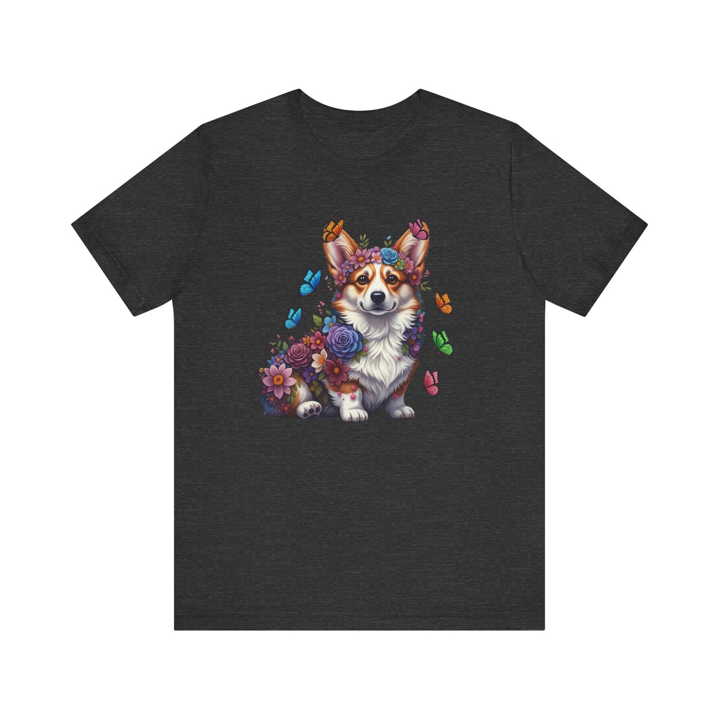 Whimsical Floral Corgi Tee – Colorful Dog Lover Shirt with Butterflies