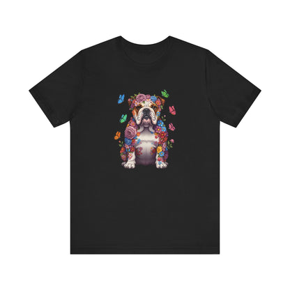 Whimsical Floral English Bulldog Tee – Colorful Dog Lover Shirt with Butterflies