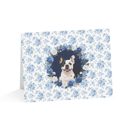 Pied French Bulldog Blue Floral Greeting Card Set