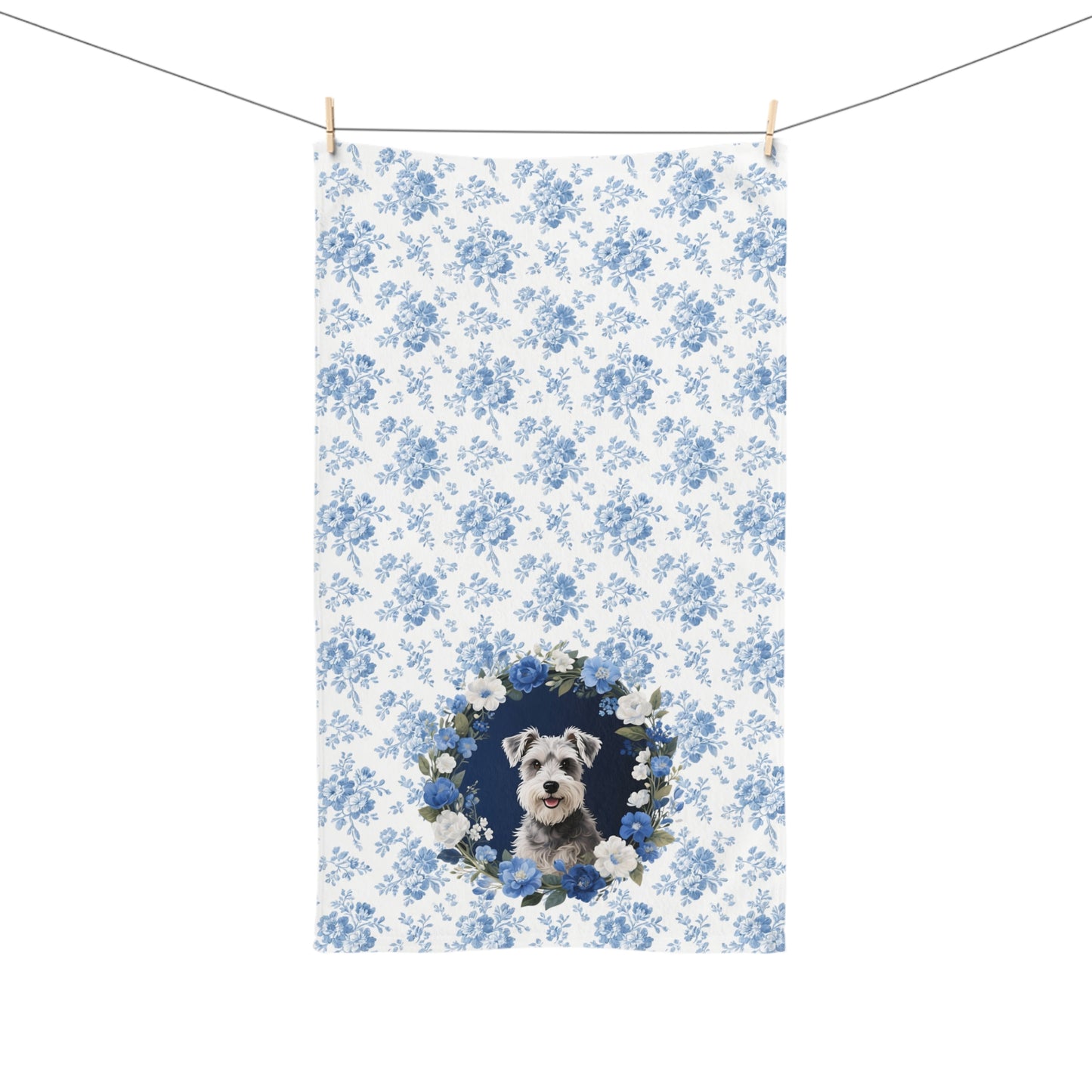 Blue Floral Schnauzer Dog Portrait Hand Towel – Cute Pet Bathroom Accessory