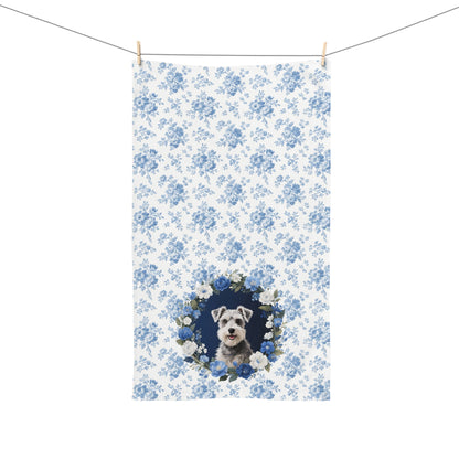 Blue Floral Schnauzer Dog Portrait Hand Towel – Cute Pet Bathroom Accessory
