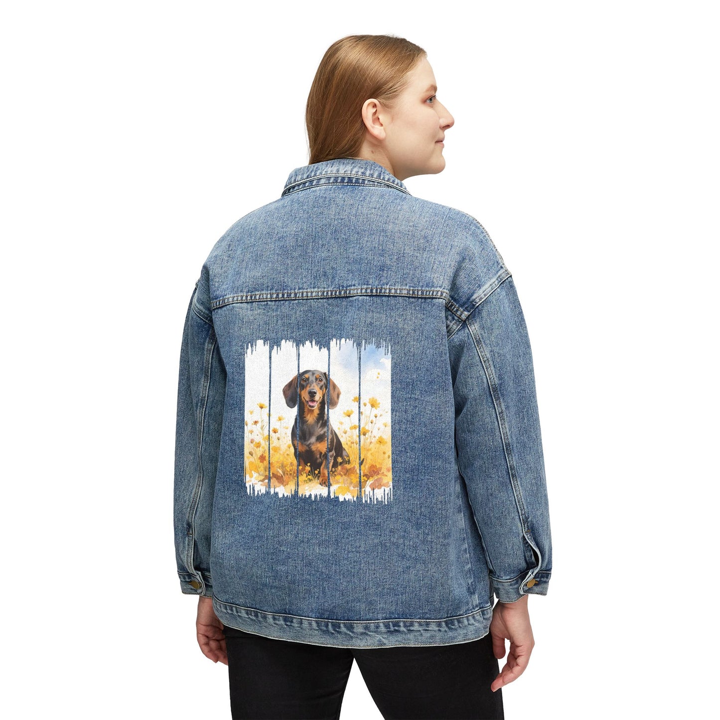 Trendy Dachshund Women's Denim Jacket, Dog Demin Jacket, Gift for Doxie Dog Mom, Gift for Dog Lovers, Fall Dog Style