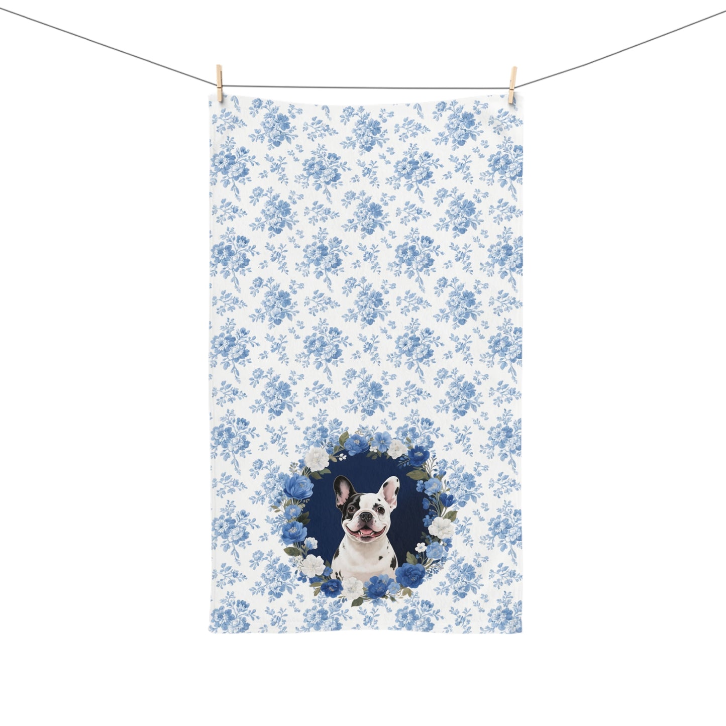 Blue Floral Pied French Bulldog Portrait Hand Towel – Cute Pet Bathroom Accessory