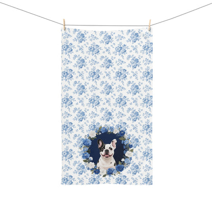 Blue Floral Pied French Bulldog Portrait Hand Towel – Cute Pet Bathroom Accessory