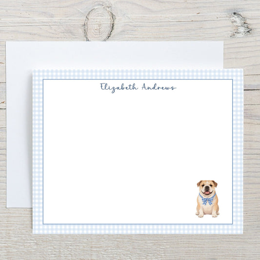 English Bulldog Blue Gingham Personalized Notecard Set