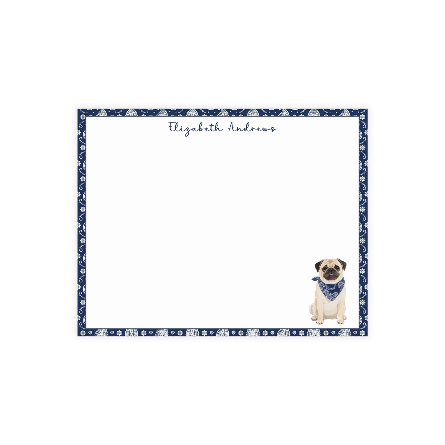 Personalized Pug Dog Navy Blue Paisley Notecard Set
