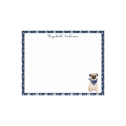Personalized Pug Dog Navy Blue Paisley Notecard Set