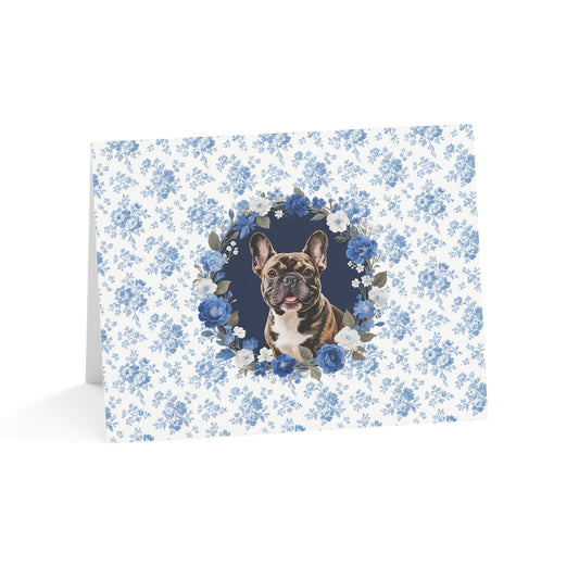 Brindle French Bulldog Blue Floral Greeting Card Set