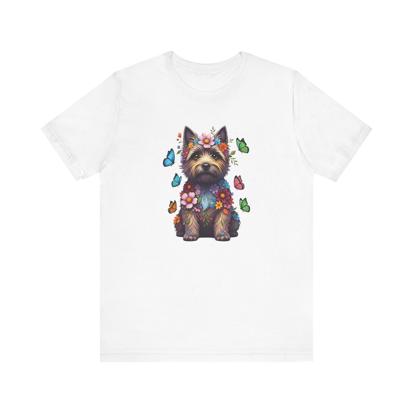 Whimsical Floral Cairn Terrier Tee – Colorful Dog Lover Shirt with Butterflies