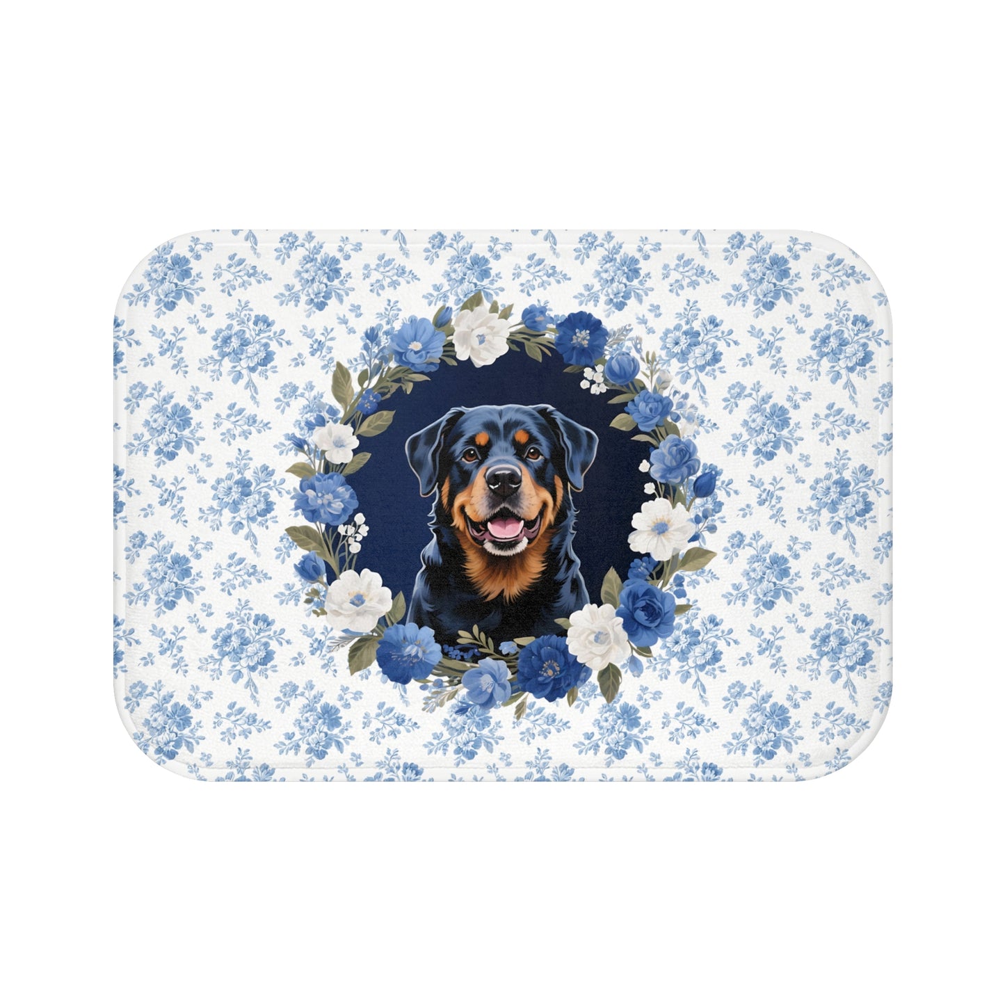 Blue Floral Rottie Bath Mat – Cute Rottweiler Dog Bathroom Rug