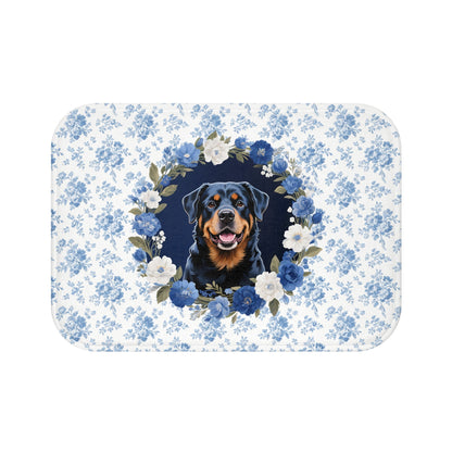 Blue Floral Rottie Bath Mat – Cute Rottweiler Dog Bathroom Rug