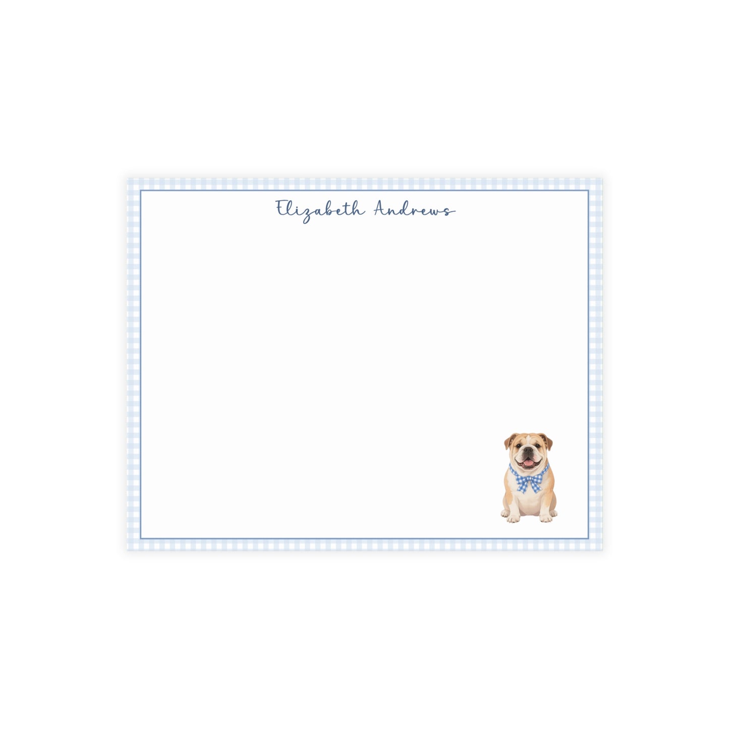 English Bulldog Blue Gingham Personalized Notecard Set