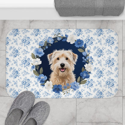 Blue Floral Wheaten Bath Mat – Cute Wheaten Terrier Dog Bathroom Rug