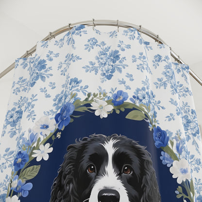 Portuguese Water Dog Blue Floral Shower Curtain – Dog Portrait Bath Decor