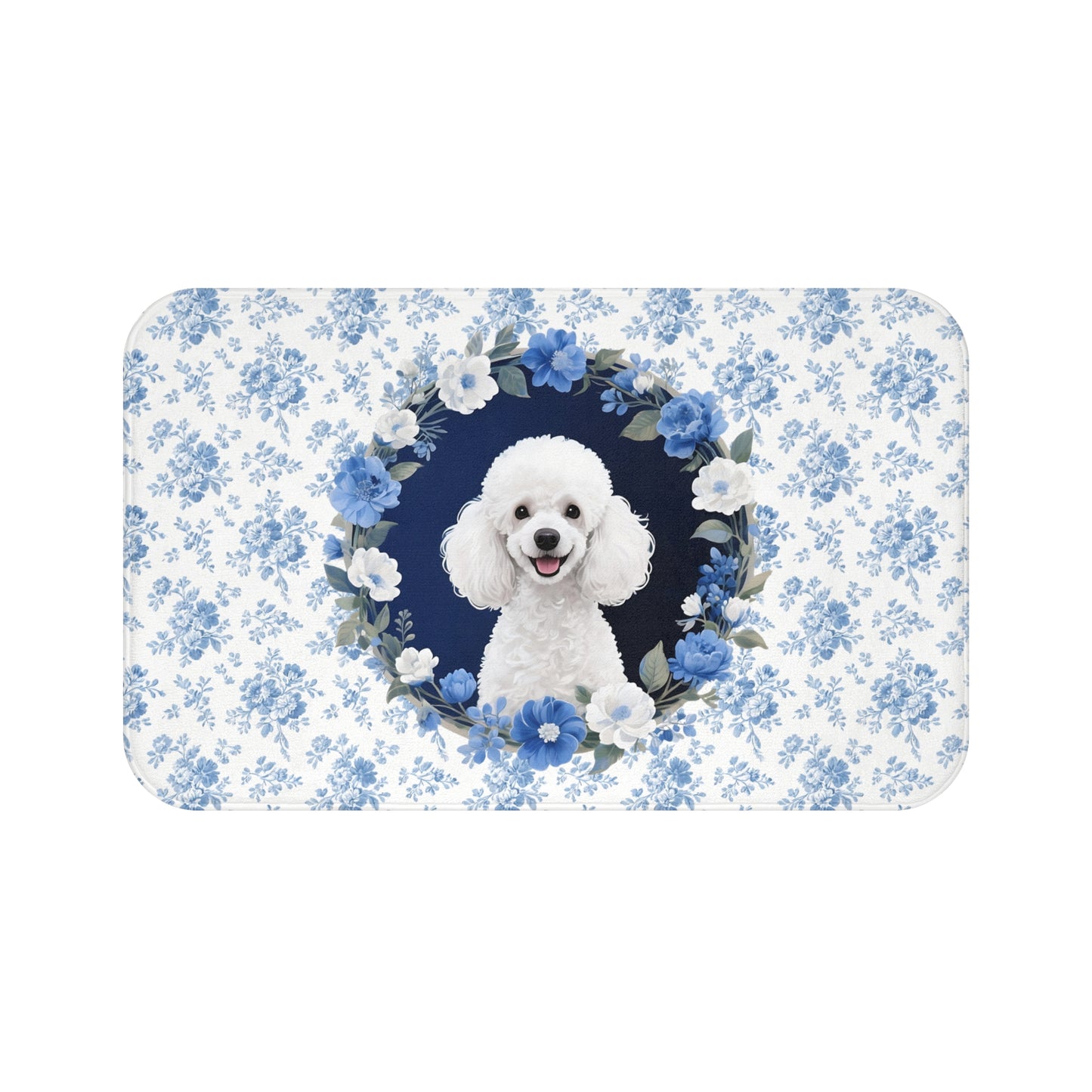 Blue Floral Poodle Bath Mat – Cute Poodle Dog Bathroom Rug