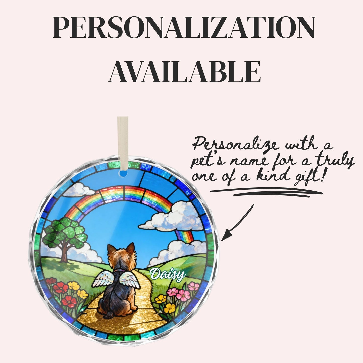 Yorkshire Terrier Rainbow Bridge Stained Glass Ornament