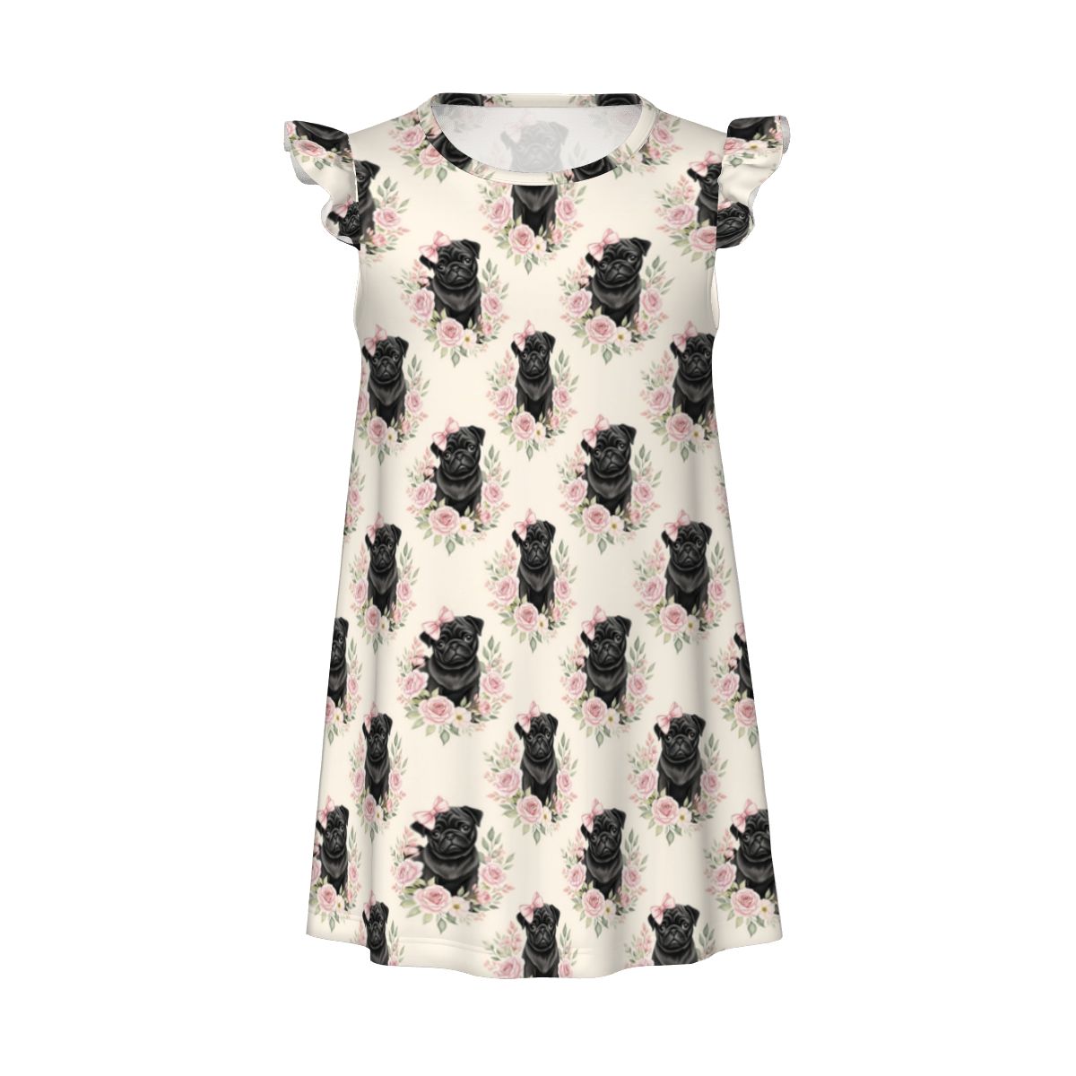 Black Pug Dog Girl's Flutter Sleeve Nightgown