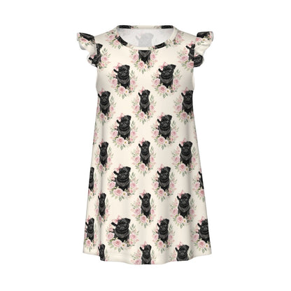 Black Pug Dog Girl's Flutter Sleeve Nightgown