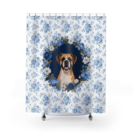 Boxer Dog Blue Floral Shower Curtain – Dog Portrait Bath Decor