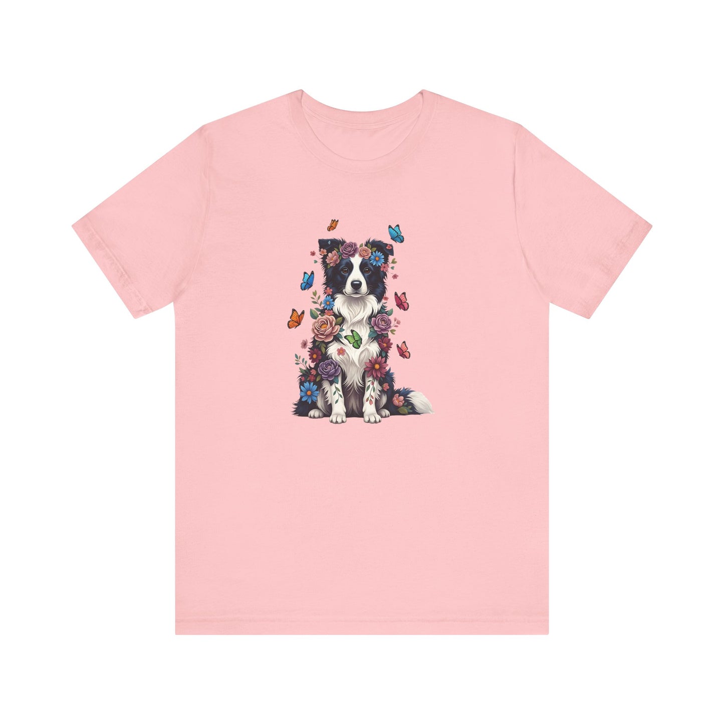 Whimsical Floral Border Collie Tee – Colorful Dog Lover Shirt with Butterflies