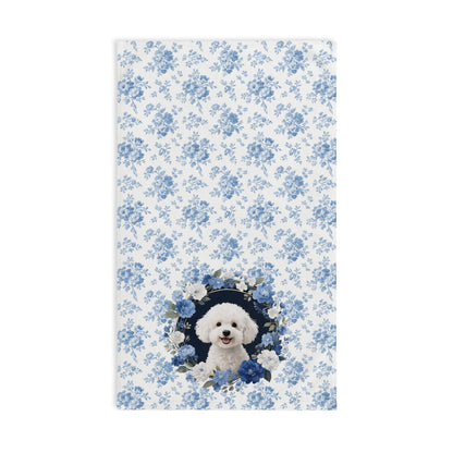 Blue Floral Bichon Frise Dog Portrait Hand Towel – Cute Pet Bathroom Accessory