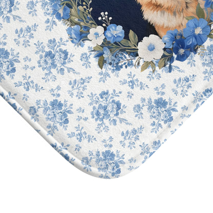 Blue Floral Shepherd Bath Mat – Cute German Shepherd Dog Bathroom Rug