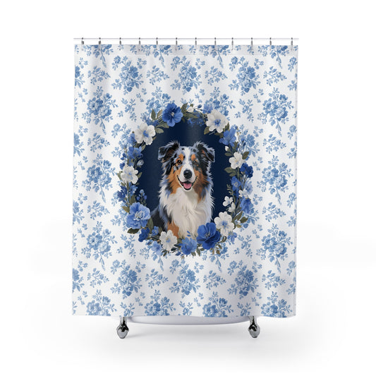 Australian Shepherd Dog Blue Floral Shower Curtain – Dog Portrait Bath Decor