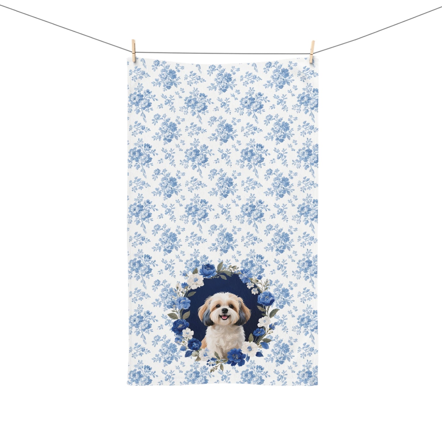 Blue Floral Shih Tzu Dog Portrait Hand Towel – Cute Pet Bathroom Accessory