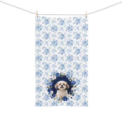 Blue Floral Shih Tzu Dog Portrait Hand Towel – Cute Pet Bathroom Accessory