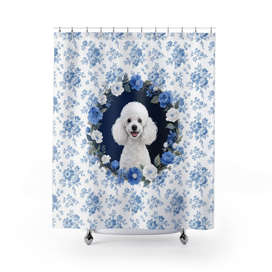 Poodle Dog Blue Floral Shower Curtain – Dog Portrait Bath Decor