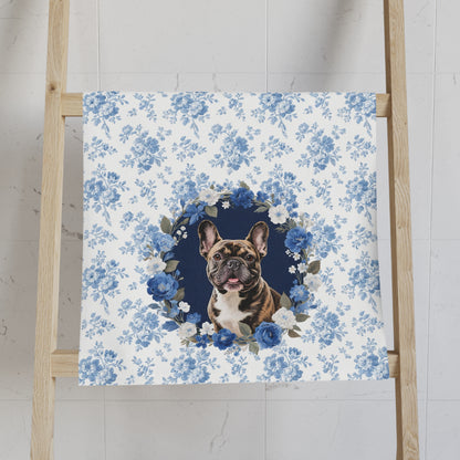 Blue Floral Brindle French Bulldog Portrait Hand Towel – Cute Pet Bathroom Accessory