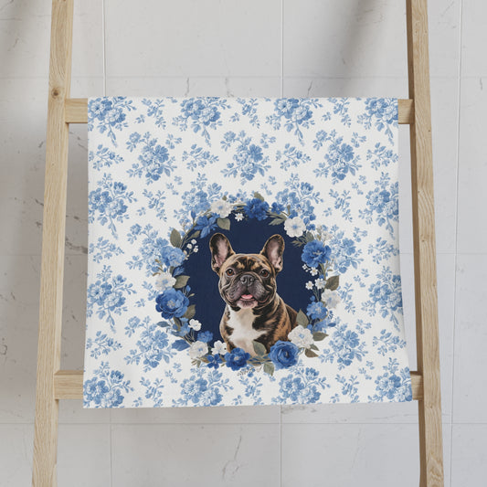 Blue Floral Brindle French Bulldog Portrait Hand Towel – Cute Pet Bathroom Accessory