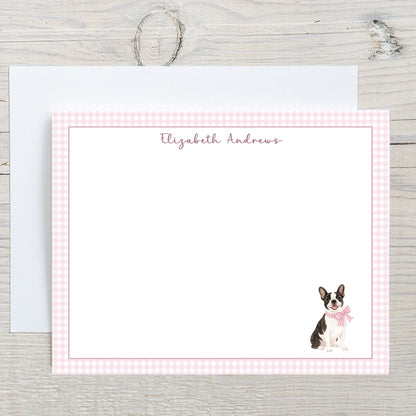 Boston Terrier Dog Pink Gingham Personalized Notecard Set