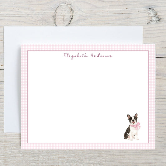 Boston Terrier Dog Pink Gingham Personalized Notecard Set