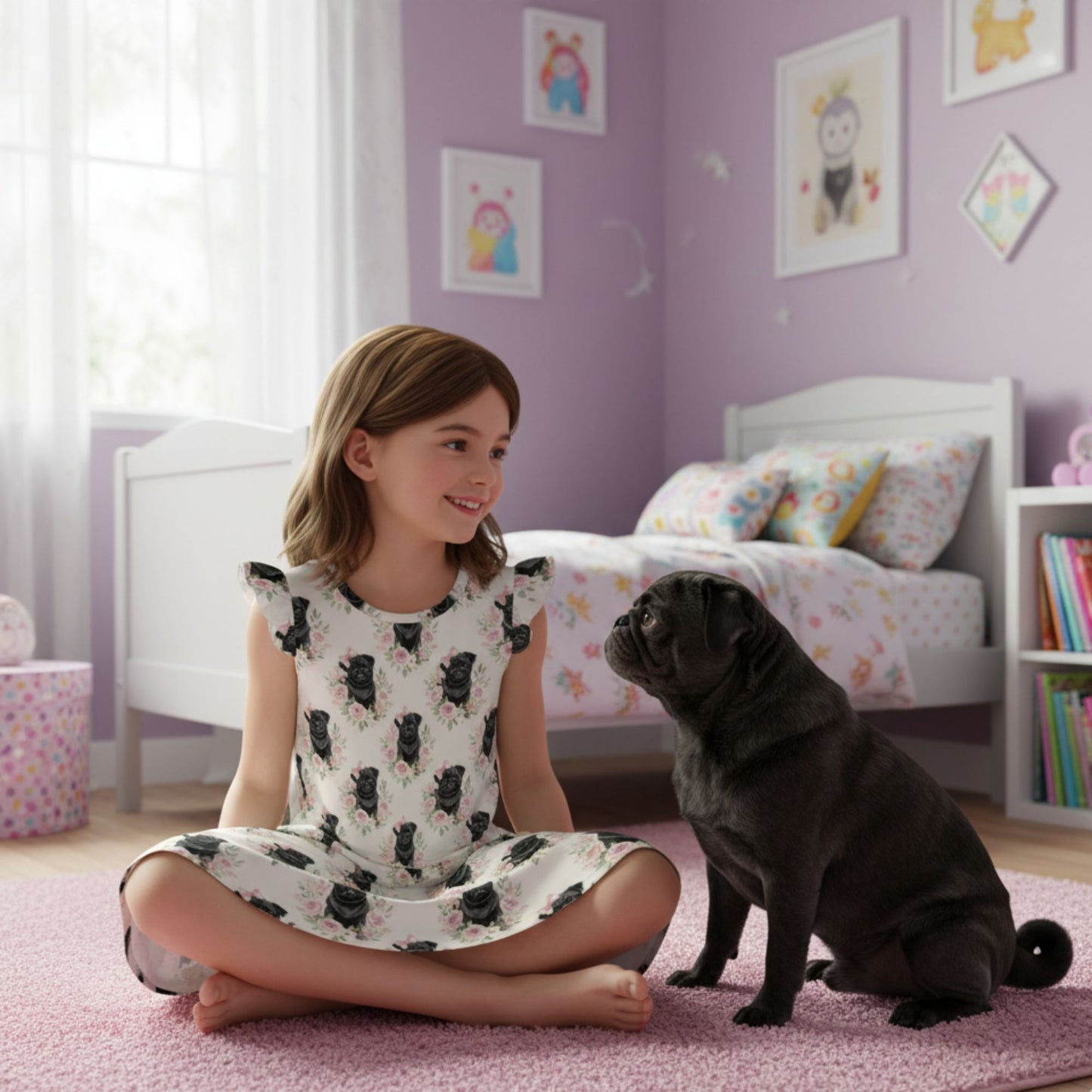 Black Pug Dog Girl's Flutter Sleeve Nightgown