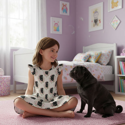 Black Pug Dog Girl's Flutter Sleeve Nightgown