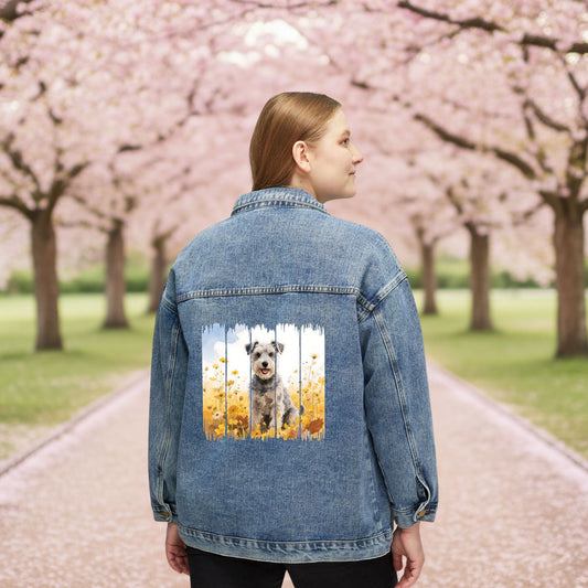 Trendy Schnauzer Women's Denim Jacket, Dog Demin Jacket, Gift for Schnauzer Dog Mom, Gift for Dog Lovers, Fall Dog Style