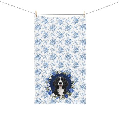 Blue Floral Portuguese Water Dog Portrait Hand Towel – Cute Pet Bathroom Accessory