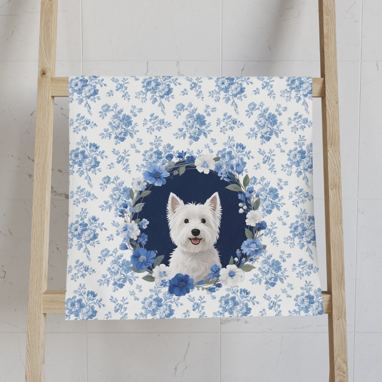 Blue Floral West Highland White Terrier Dog Portrait Hand Towel – Cute Pet Bathroom Accessory