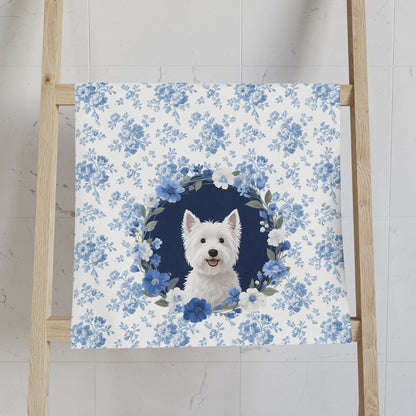 Blue Floral West Highland White Terrier Dog Portrait Hand Towel – Cute Pet Bathroom Accessory