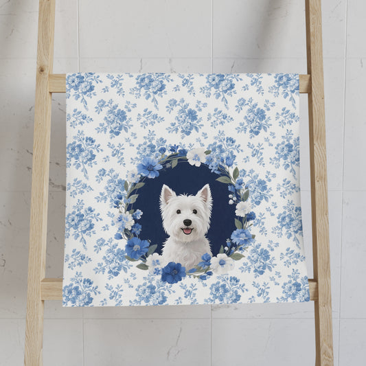 Blue Floral West Highland White Terrier Dog Portrait Hand Towel – Cute Pet Bathroom Accessory