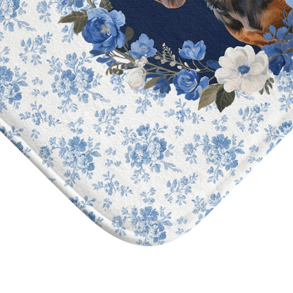 Blue Floral Doxie Bath Mat – Cute Dachshund Dog Bathroom Rug