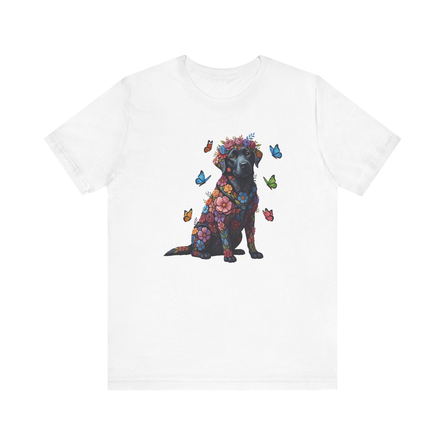 Whimsical Floral Black Labrador Retriever Tee – Colorful Dog Lover Shirt with Butterflies