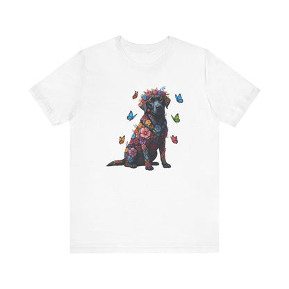 Whimsical Floral Black Labrador Retriever Tee – Colorful Dog Lover Shirt with Butterflies
