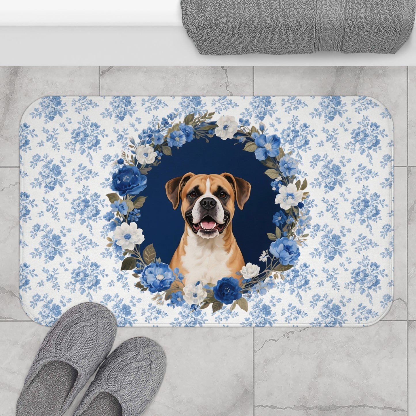 Blue Floral Boxer Bath Mat – Cute Boxer Dog Bathroom Rug