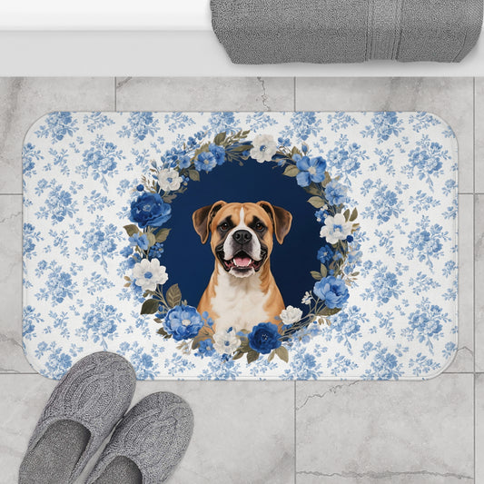 Blue Floral Boxer Bath Mat – Cute Boxer Dog Bathroom Rug