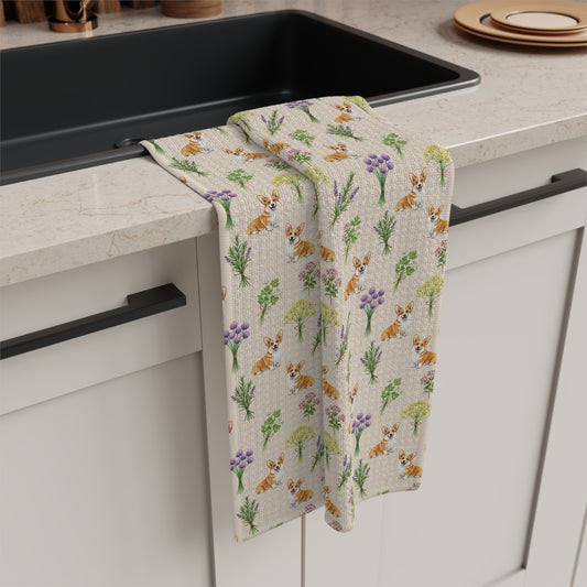 Corgi Dog & Herbs Tea Towel - Floral Dog Kitchen Towel