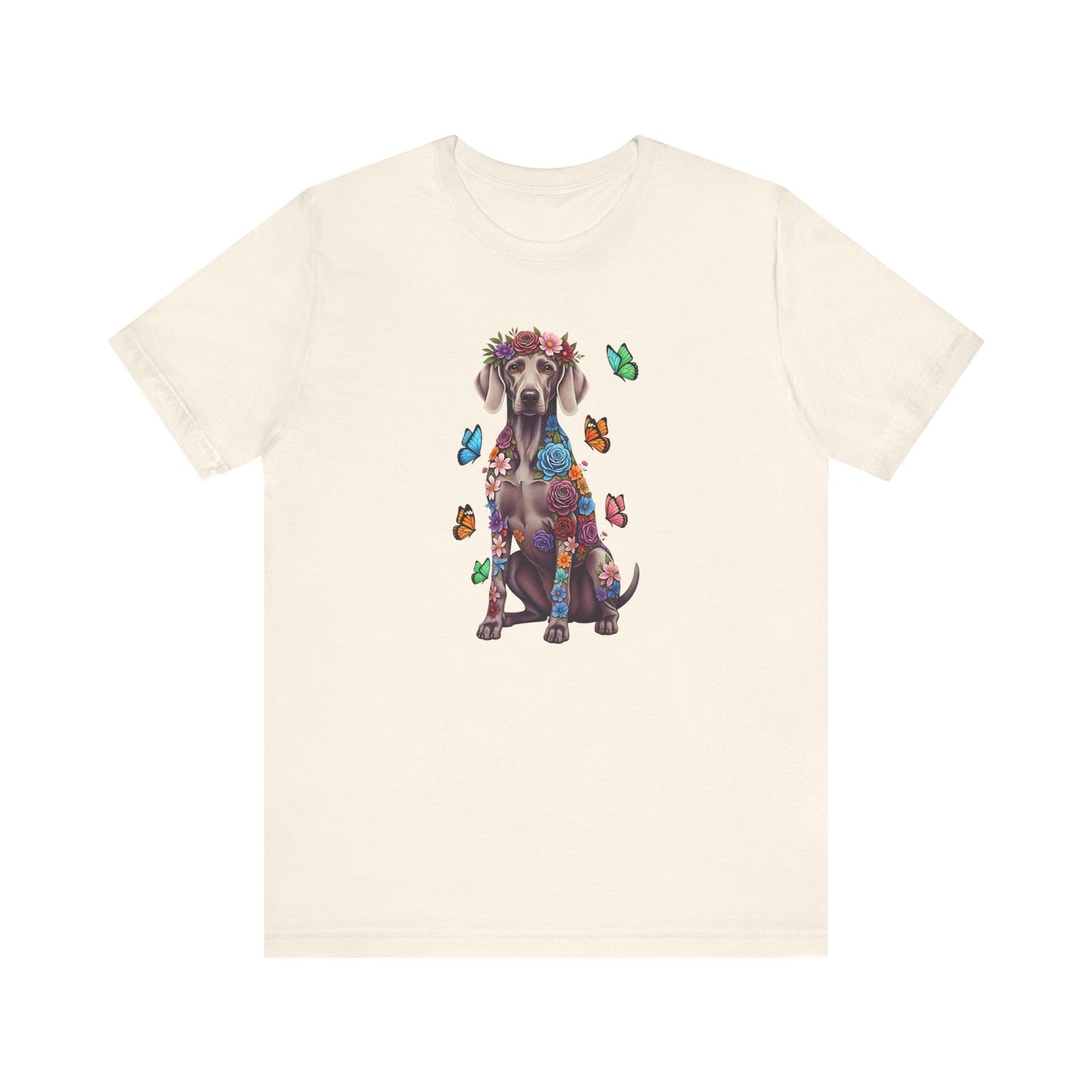 Whimsical Floral Weimaraner Tee – Colorful Dog Lover Shirt with Butterflies