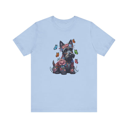 Whimsical Floral Scottish Terrier Tee – Colorful Dog Lover Shirt with Butterflies