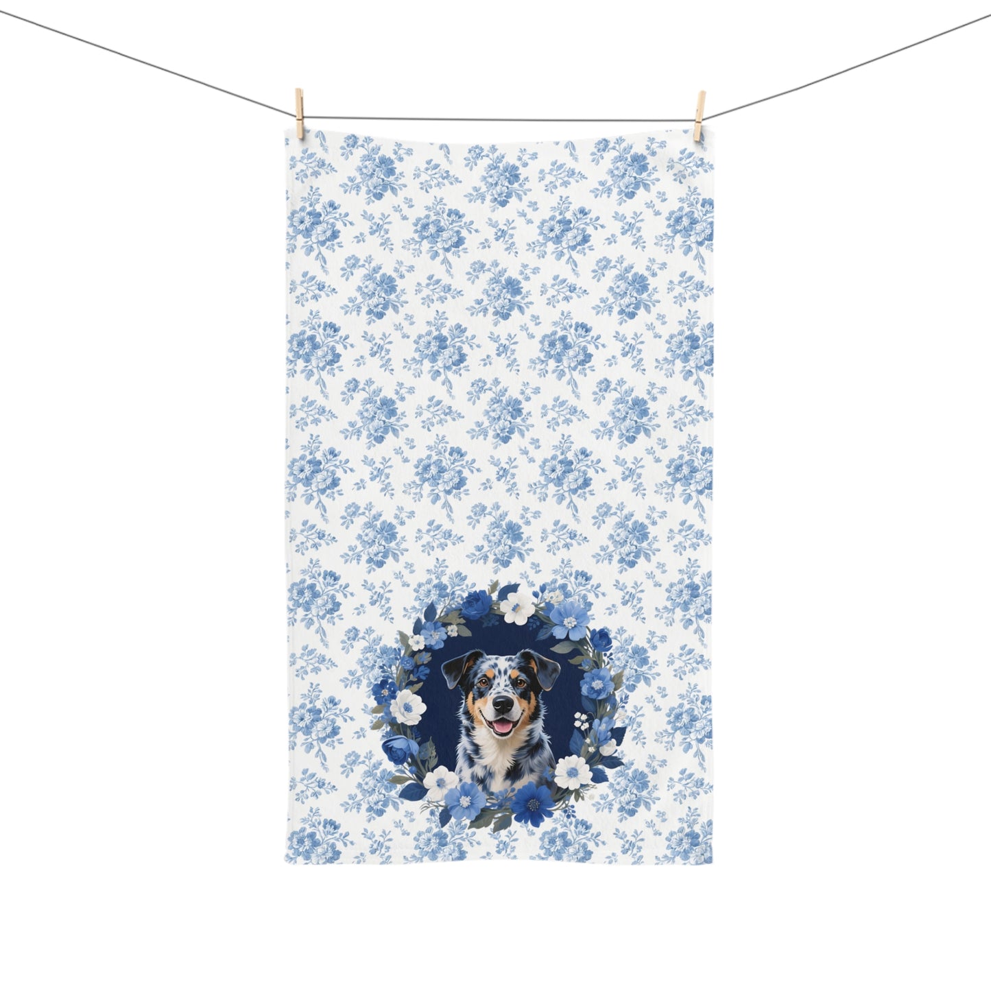 Blue Floral Australian Cattle Dog Portrait Hand Towel – Cute Pet Bathroom Accessory